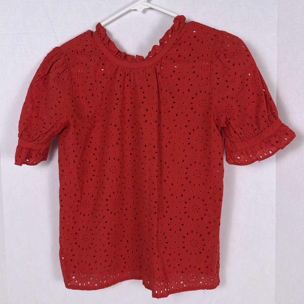 Madewell Eyelet Ruffle Tie Round Neck Short Sleeve Blouse Top Shirt. Red SizeXXS